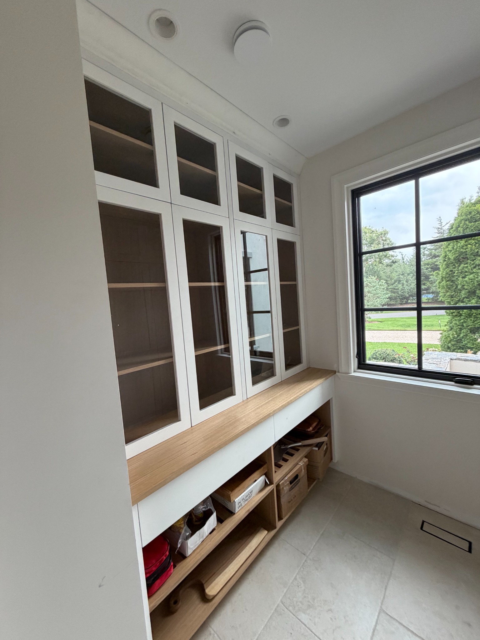Glass-front storage cabinetry with natural wood interior beside a black-framed window
