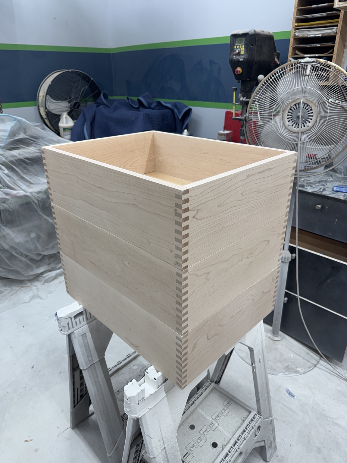 Custom wooden drawer boxes with precisely fitted corner joinery in the Maidstone workshop